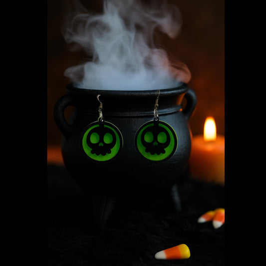 Glow Green Skull Halloween Earrings | Handmade Acrylic Gothic Jewelry