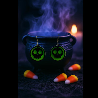 Glow Green Skull Halloween Earrings | Handmade Acrylic Gothic Jewelry