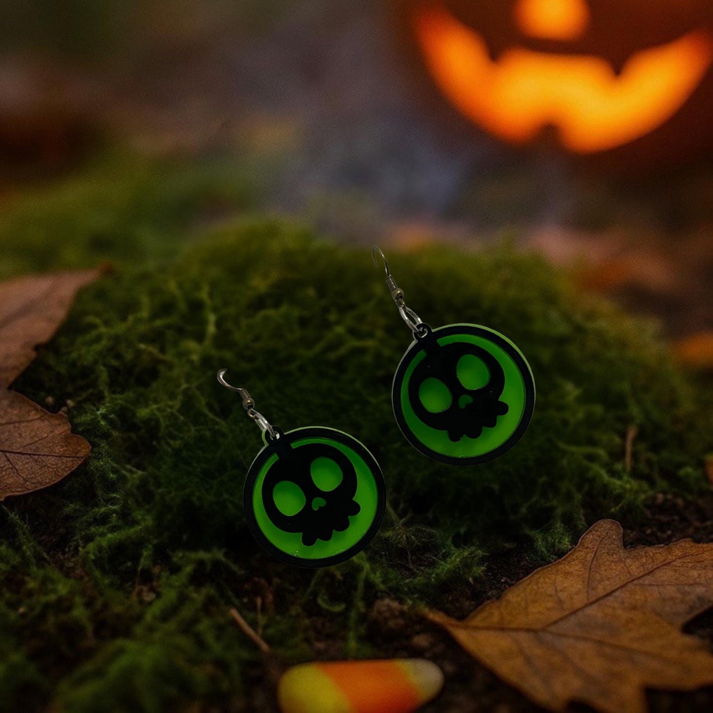 Glow Green Skull Halloween Earrings | Handmade Acrylic Gothic Jewelry