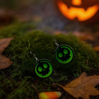 Glow Green Skull Halloween Earrings | Handmade Acrylic Gothic Jewelry