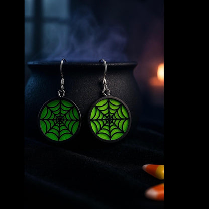 Glow Green Spider Web Earrings | Acrylic Halloween Jewelry