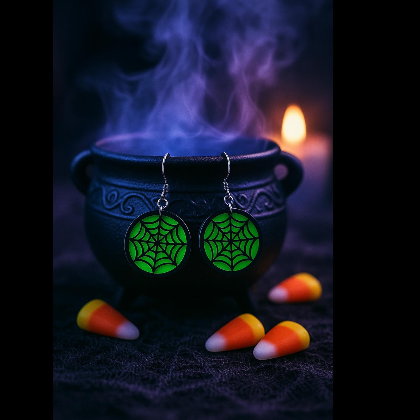 Glow Green Spider Web Earrings | Acrylic Halloween Jewelry