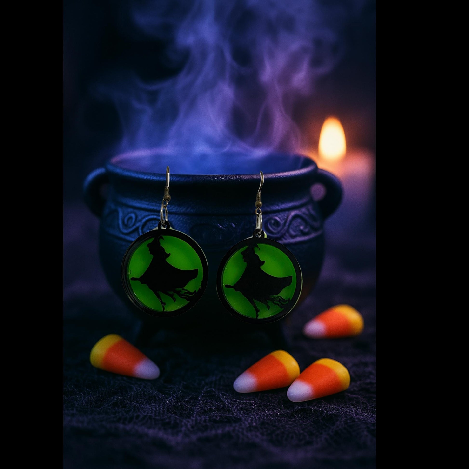 Green Acrylic Witch Earrings | Spooky Halloween Dangle Jewelry