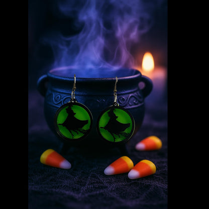 Green Acrylic Witch Earrings | Spooky Halloween Dangle Jewelry