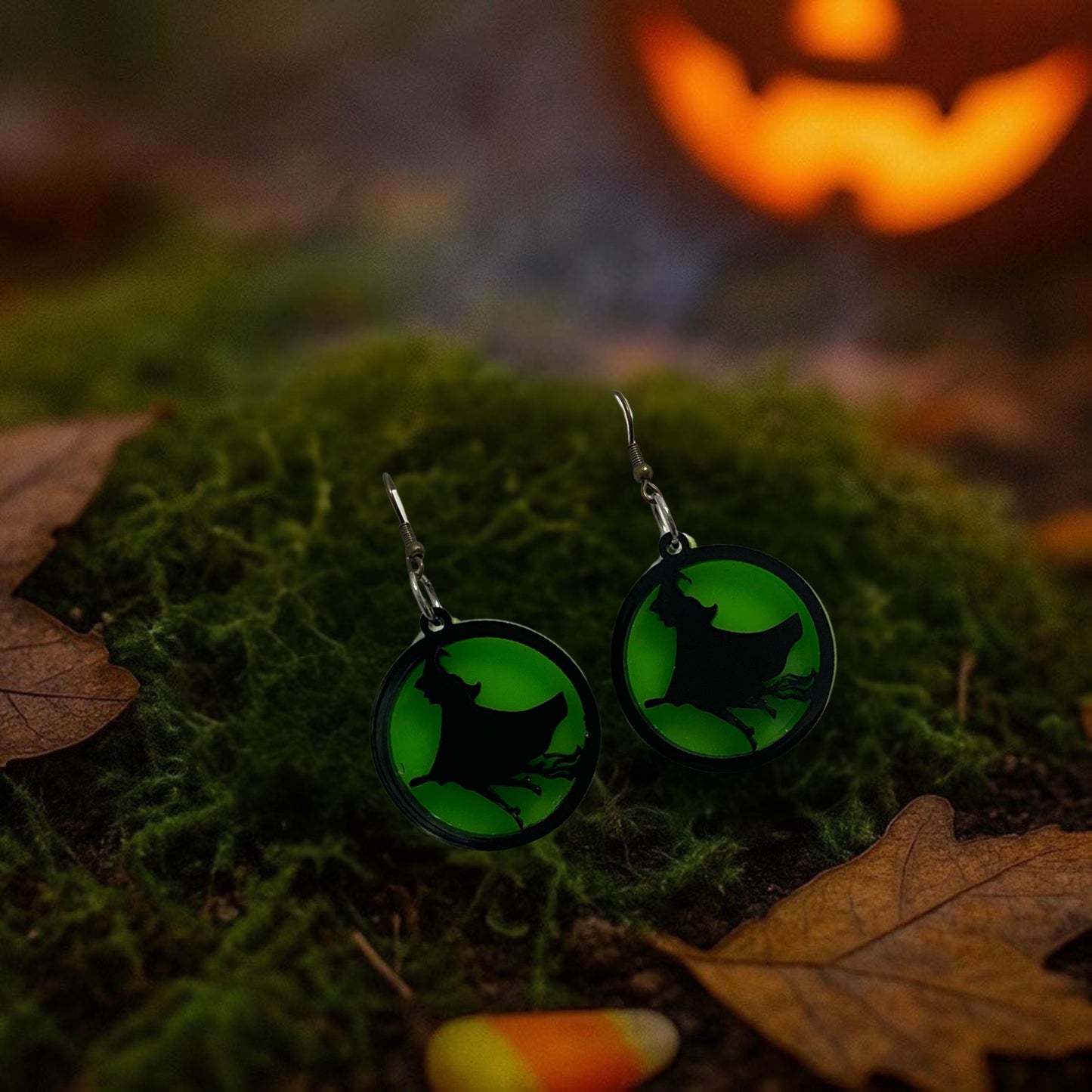 Green Acrylic Witch Earrings | Spooky Halloween Dangle Jewelry