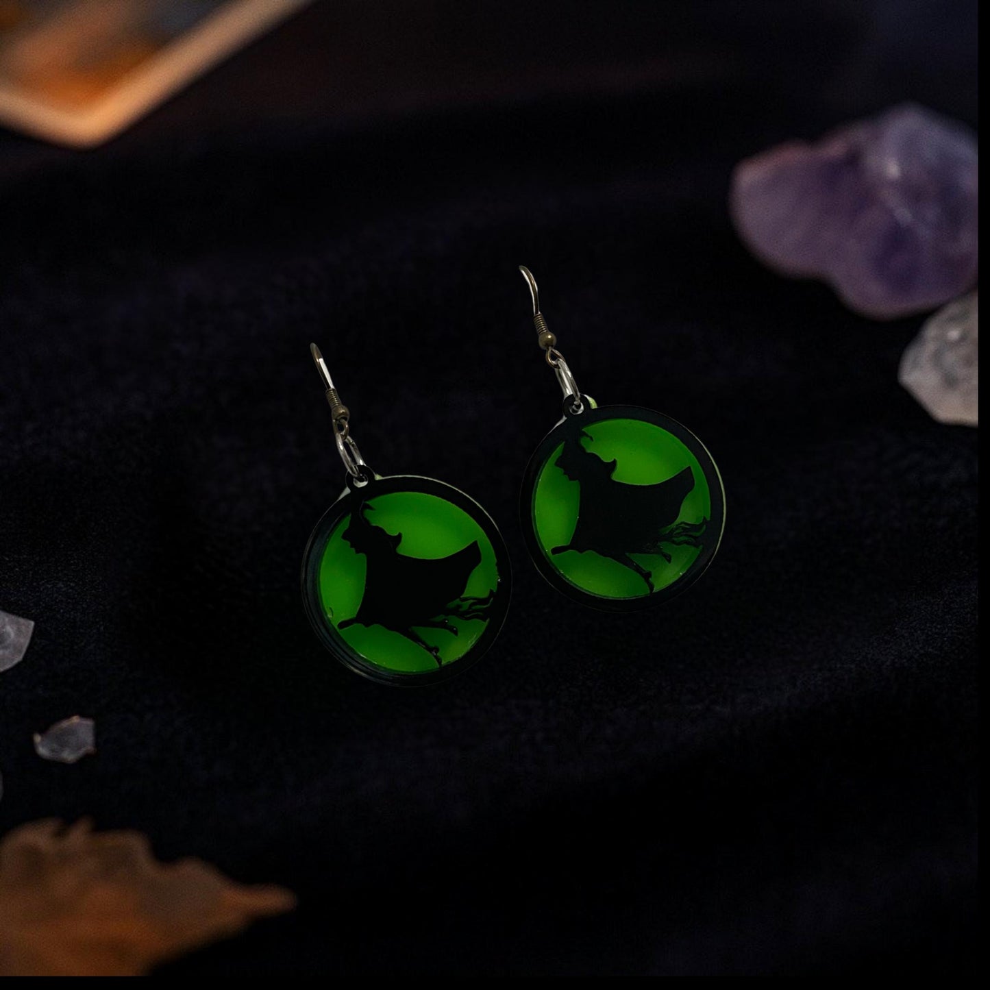 Green Acrylic Witch Earrings | Spooky Halloween Dangle Jewelry