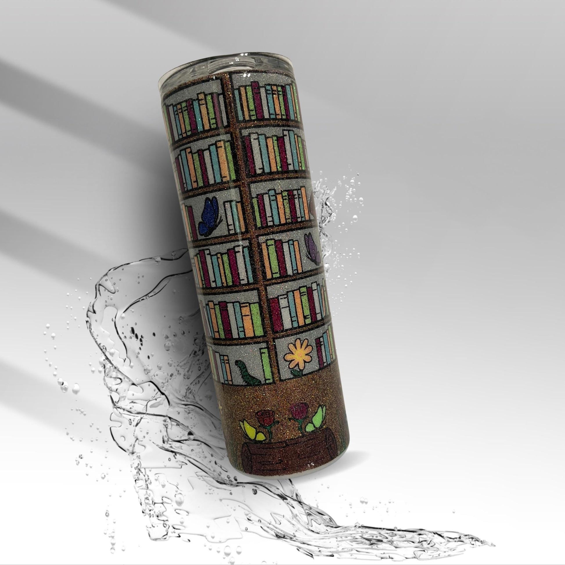 Butterfly Library Tumbler: Glitter Epoxy Stainless Steel Book Lover Gift