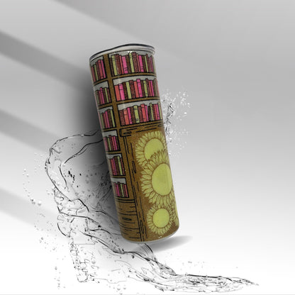 Sunflower Library Tumbler: Glitter Epoxy Stainless Steel Book Lover Mug