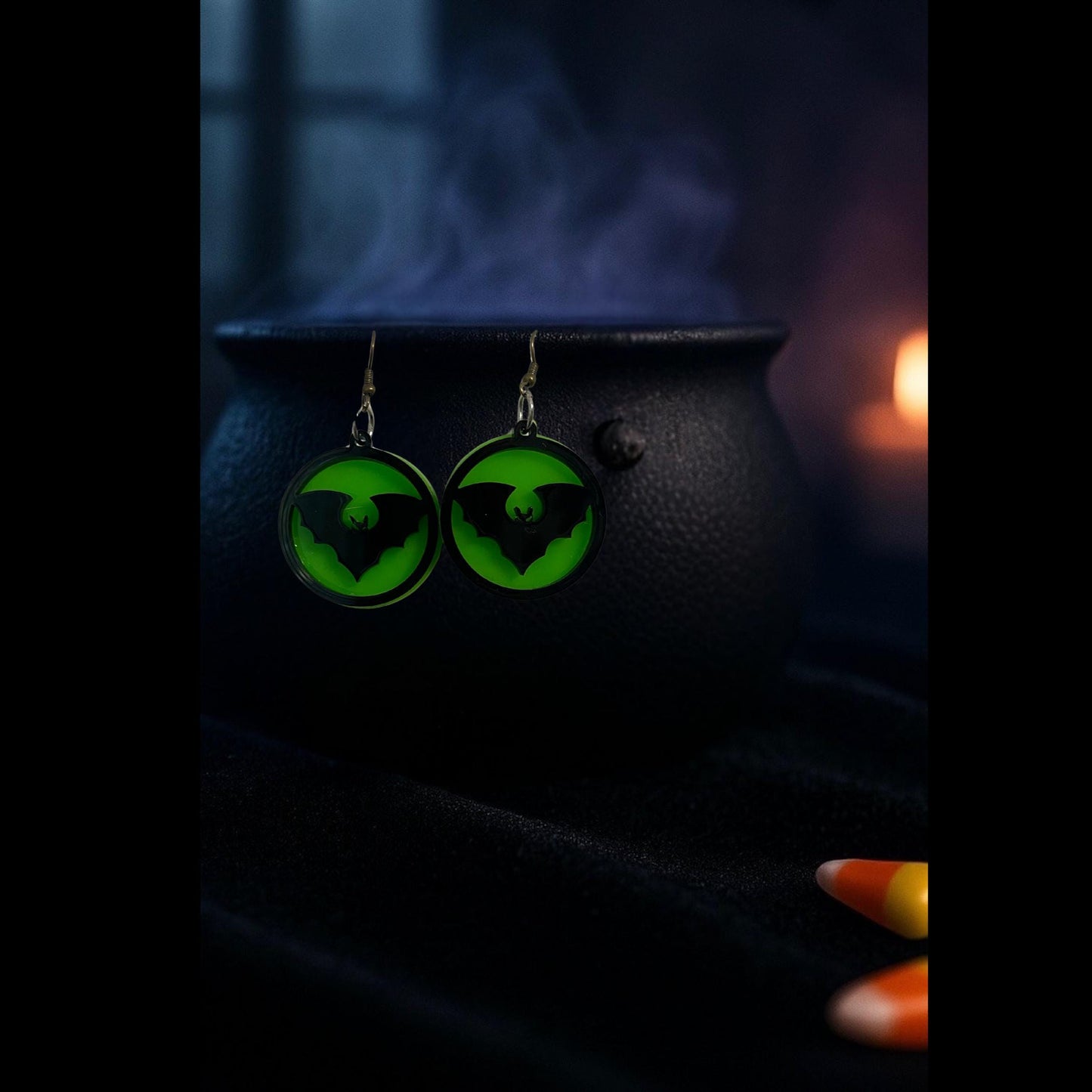 Glow Green Acrylic Bat Earrings: Spooky Halloween Dangle Jewelry