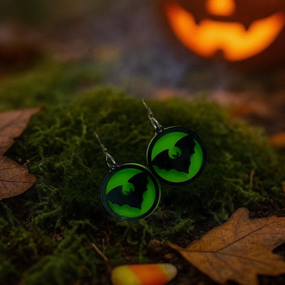 Glow Green Acrylic Bat Earrings: Spooky Halloween Dangle Jewelry