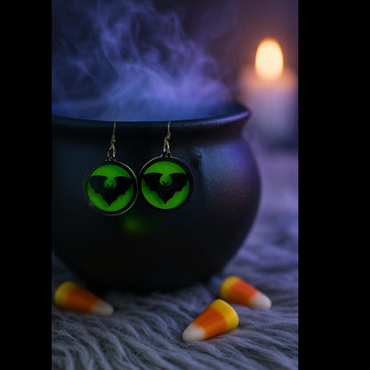 Glow Green Acrylic Bat Earrings: Spooky Halloween Dangle Jewelry
