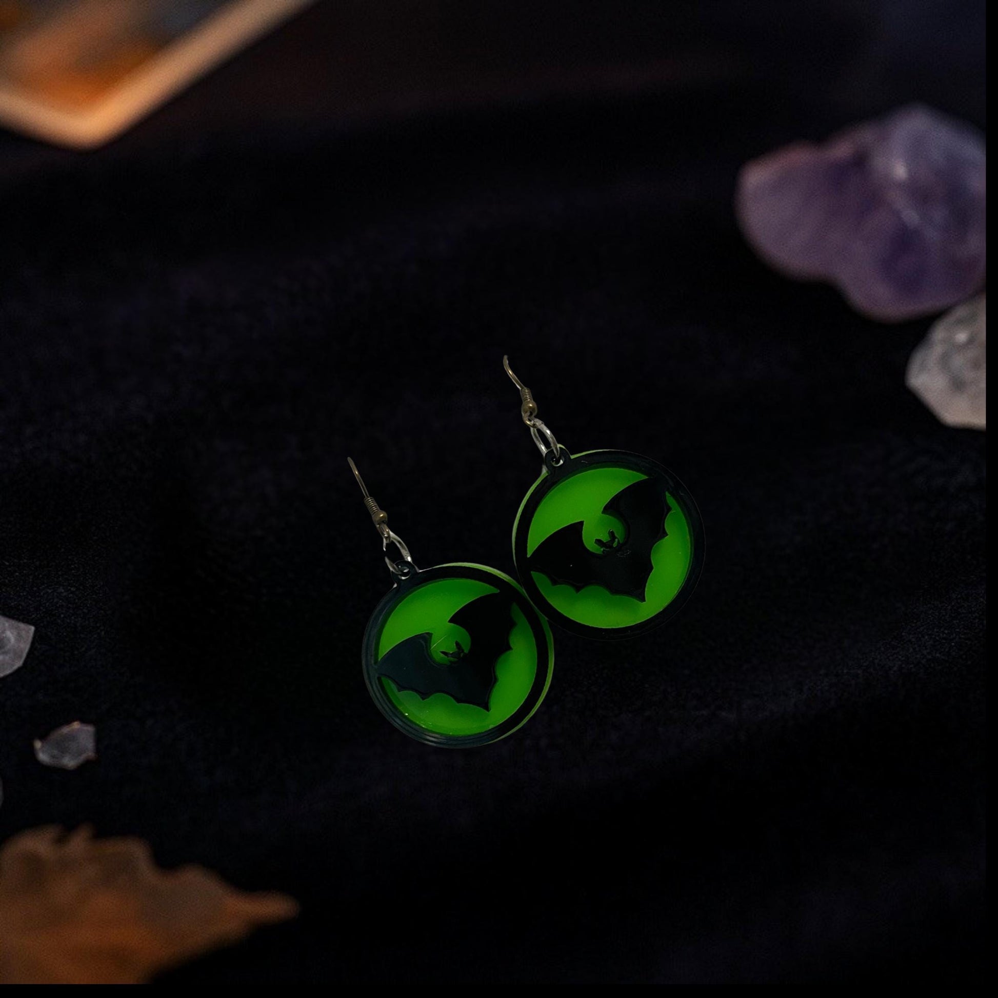 Glow Green Acrylic Bat Earrings: Spooky Halloween Dangle Jewelry