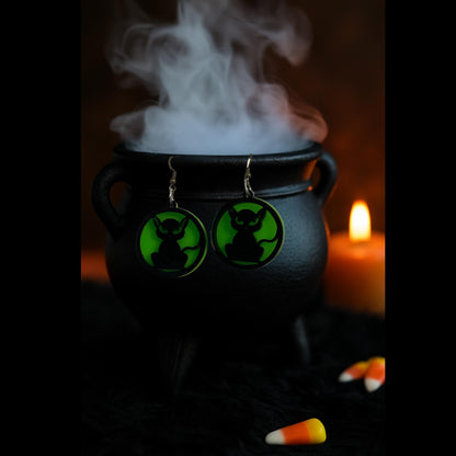 Glow Green Acrylic Cat Earrings | Handmade Halloween Jewelry
