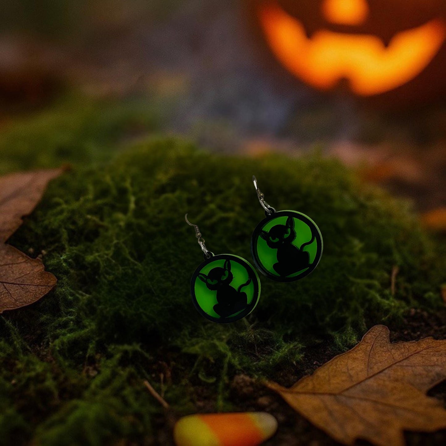 Glow Green Acrylic Cat Earrings | Handmade Halloween Jewelry