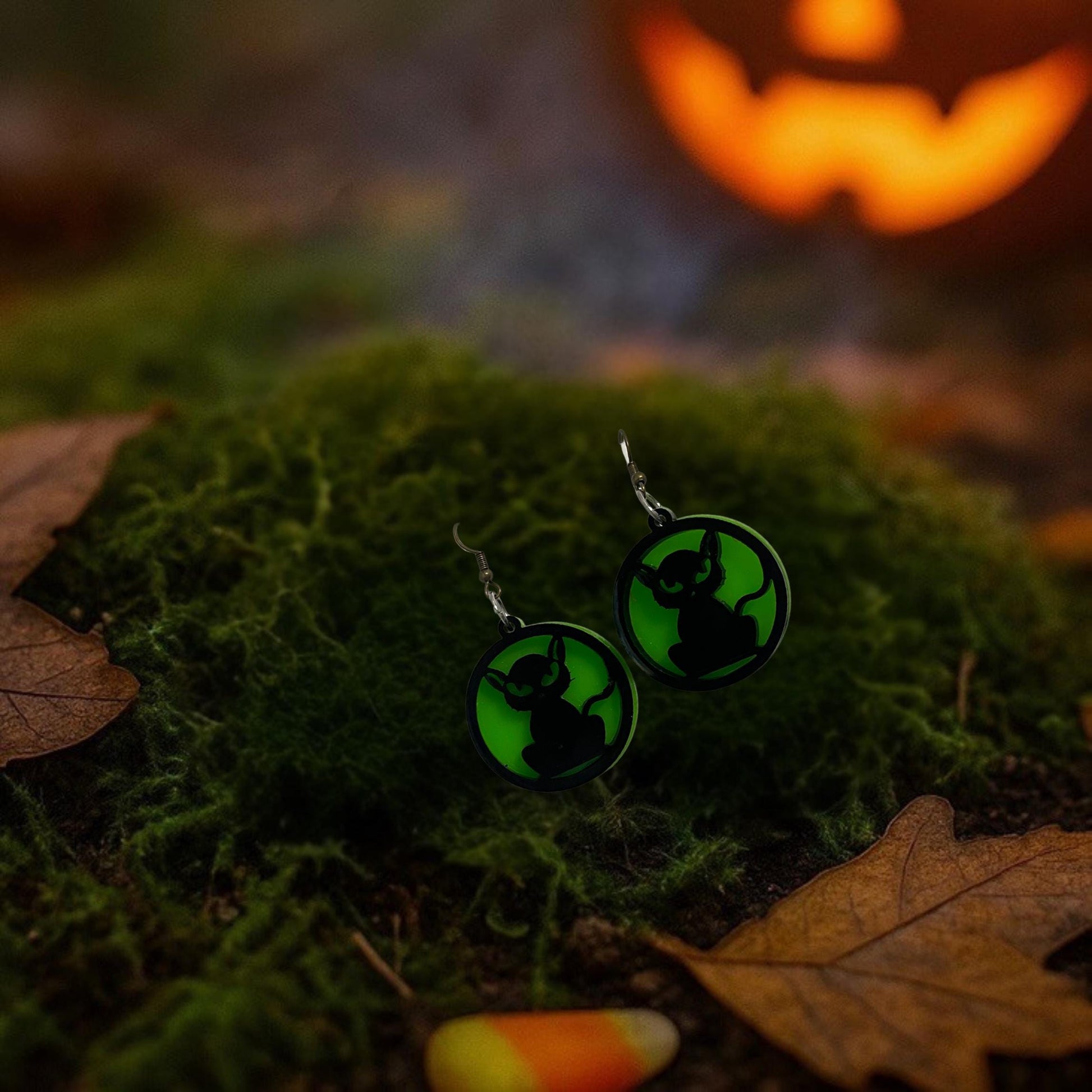 Glow Green Acrylic Cat Earrings | Handmade Halloween Jewelry
