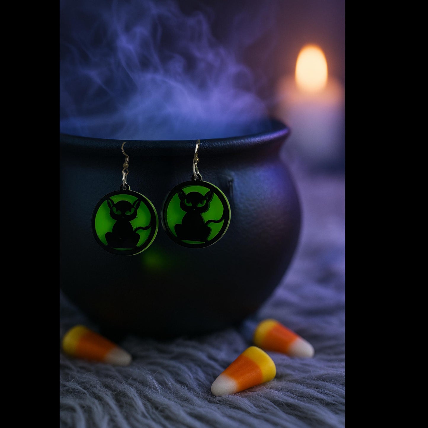 Glow Green Acrylic Cat Earrings | Handmade Halloween Jewelry
