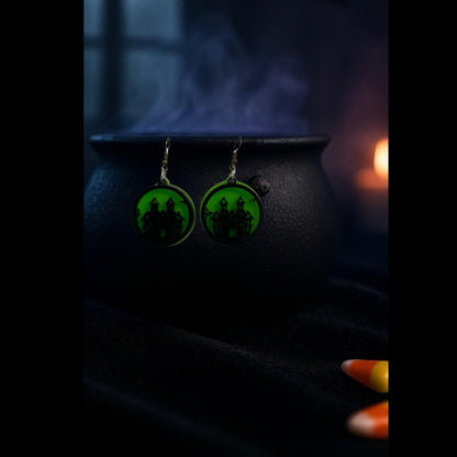 Glow Green Haunted House Earrings | Halloween Acrylic Dangle Jewelry