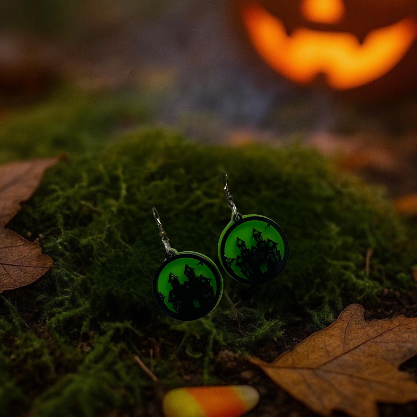 Glow Green Haunted House Earrings | Halloween Acrylic Dangle Jewelry