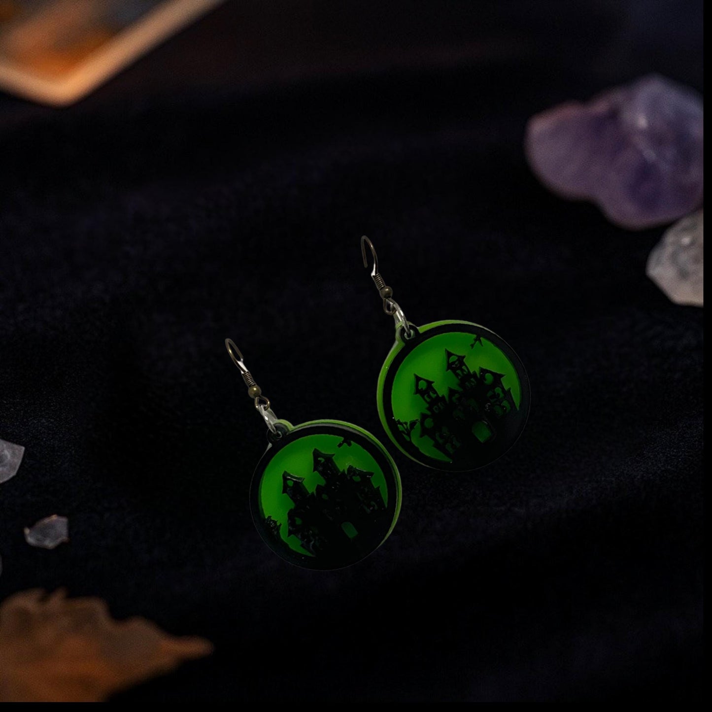 Glow Green Haunted House Earrings | Halloween Acrylic Dangle Jewelry