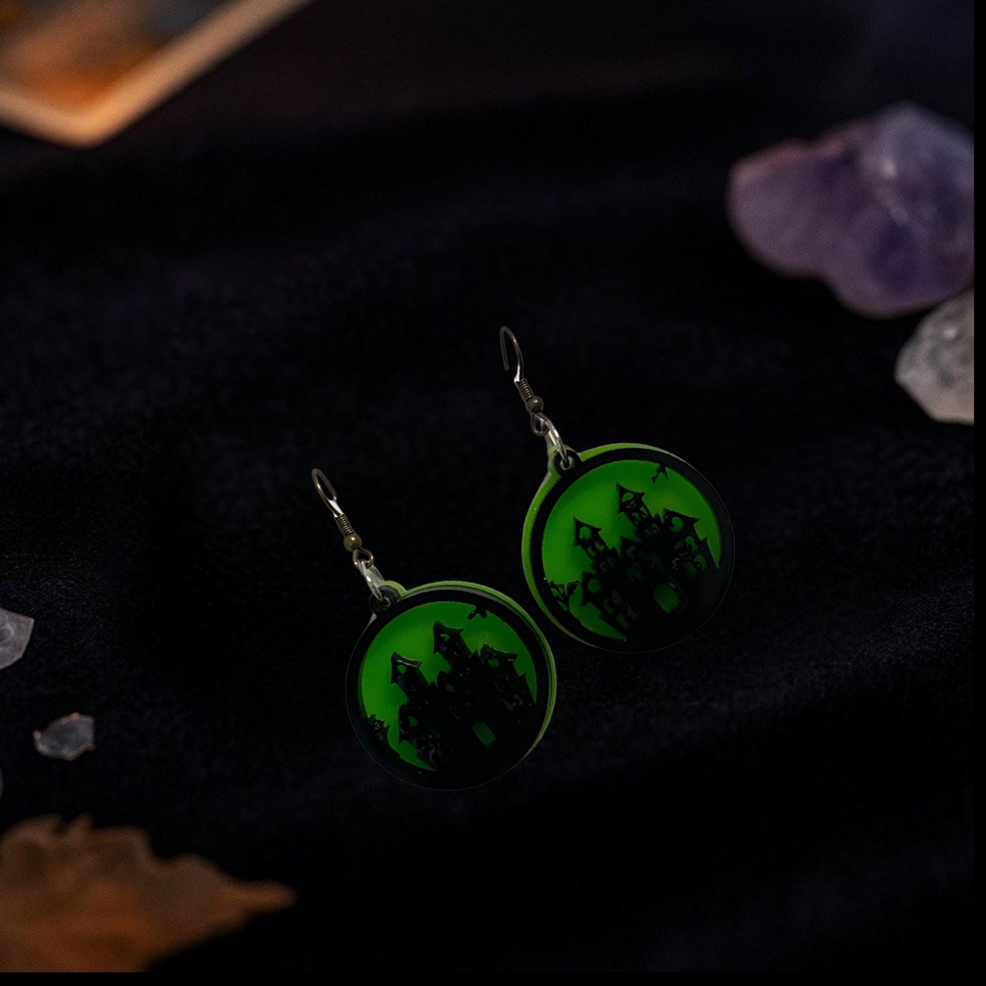 Glow Green Haunted House Earrings | Halloween Acrylic Dangle Jewelry