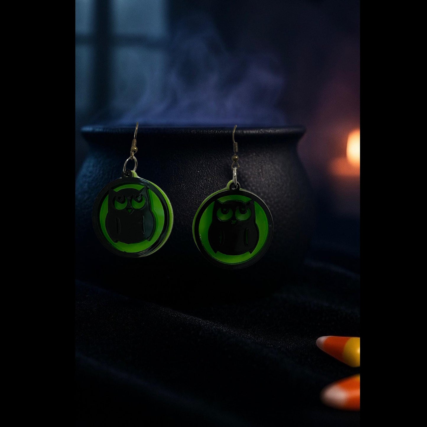 Glow Green Owl Halloween Earrings | Spooky Witchy Jewelry