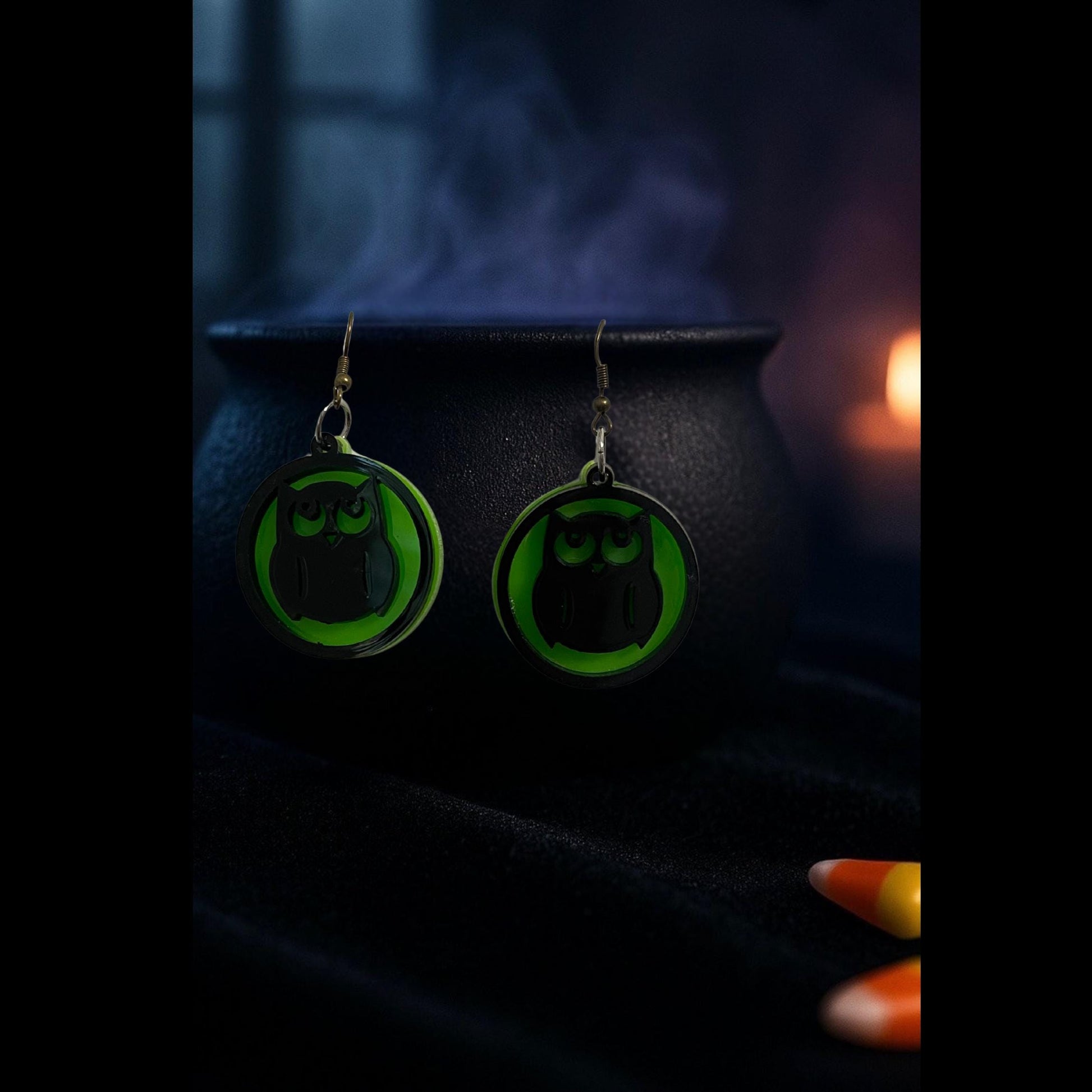 Glow Green Owl Halloween Earrings | Spooky Witchy Jewelry