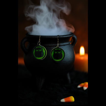 Glow Green Owl Halloween Earrings | Spooky Witchy Jewelry