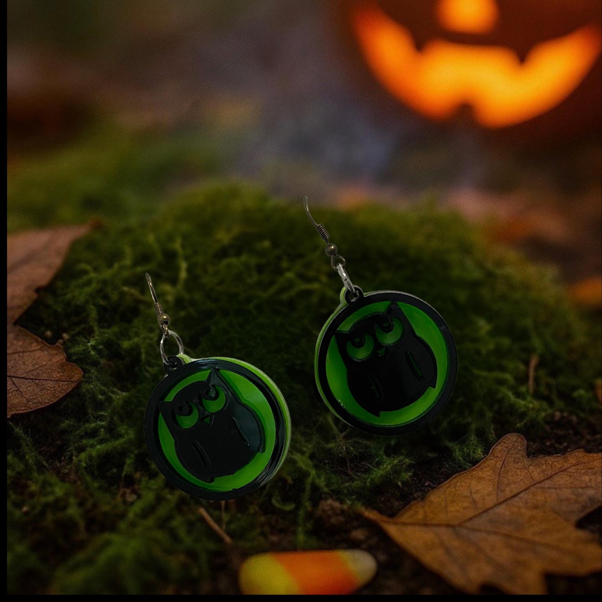 Glow Green Owl Halloween Earrings | Spooky Witchy Jewelry