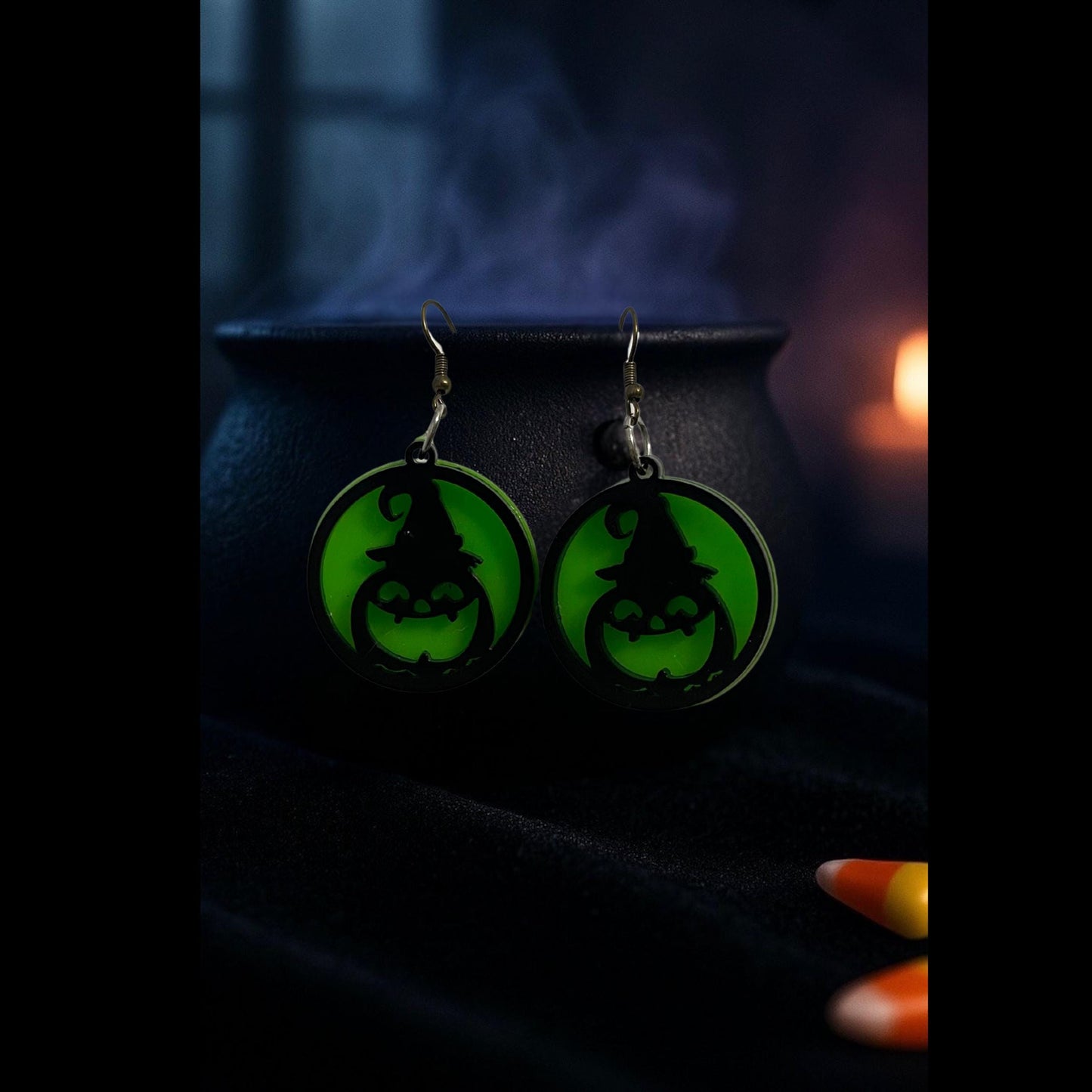 Glow Green Pumpkin Witch Hat Earrings | Handmade Acrylic Halloween Jewelry
