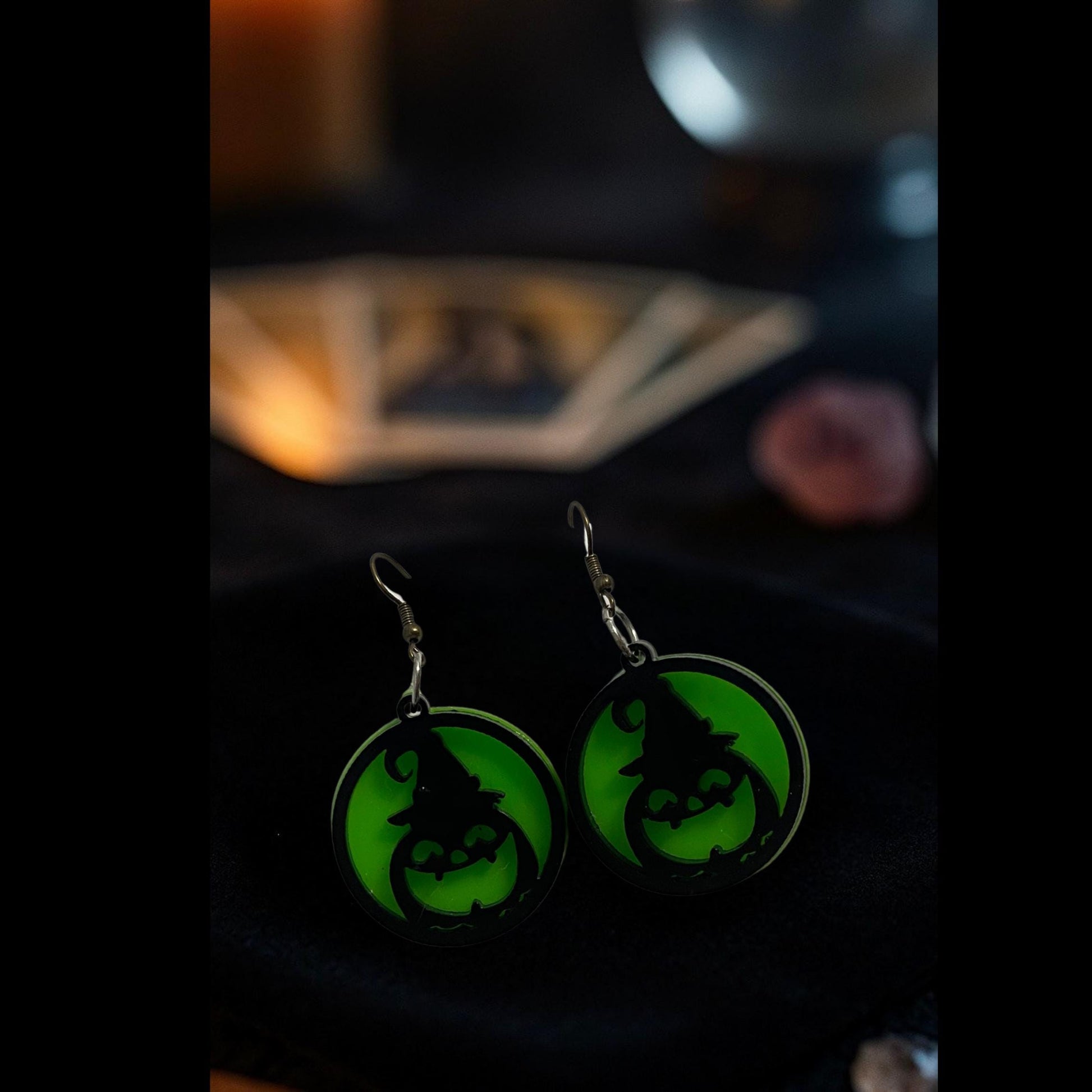 Glow Green Pumpkin Witch Hat Earrings | Handmade Acrylic Halloween Jewelry