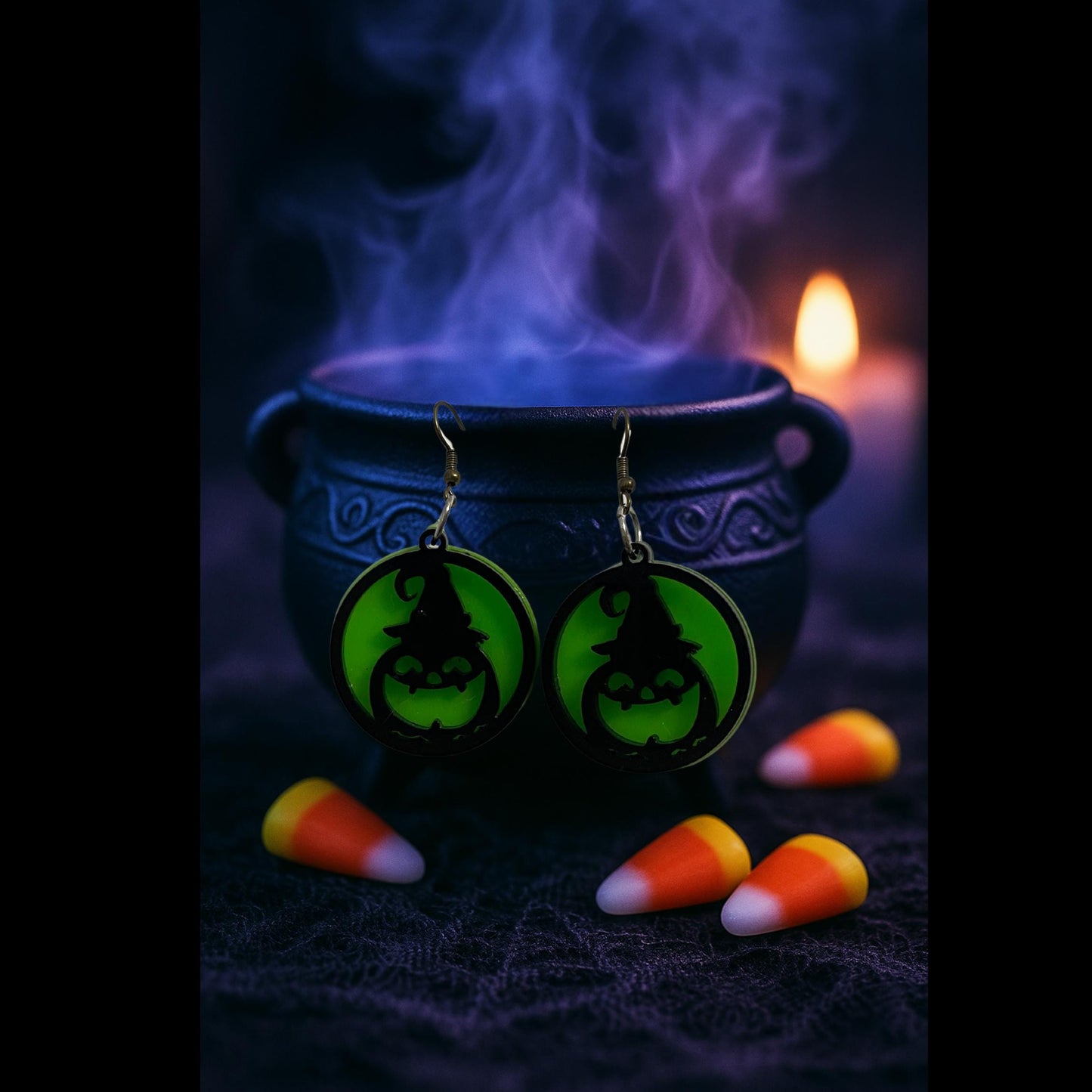 Glow Green Pumpkin Witch Hat Earrings | Handmade Acrylic Halloween Jewelry