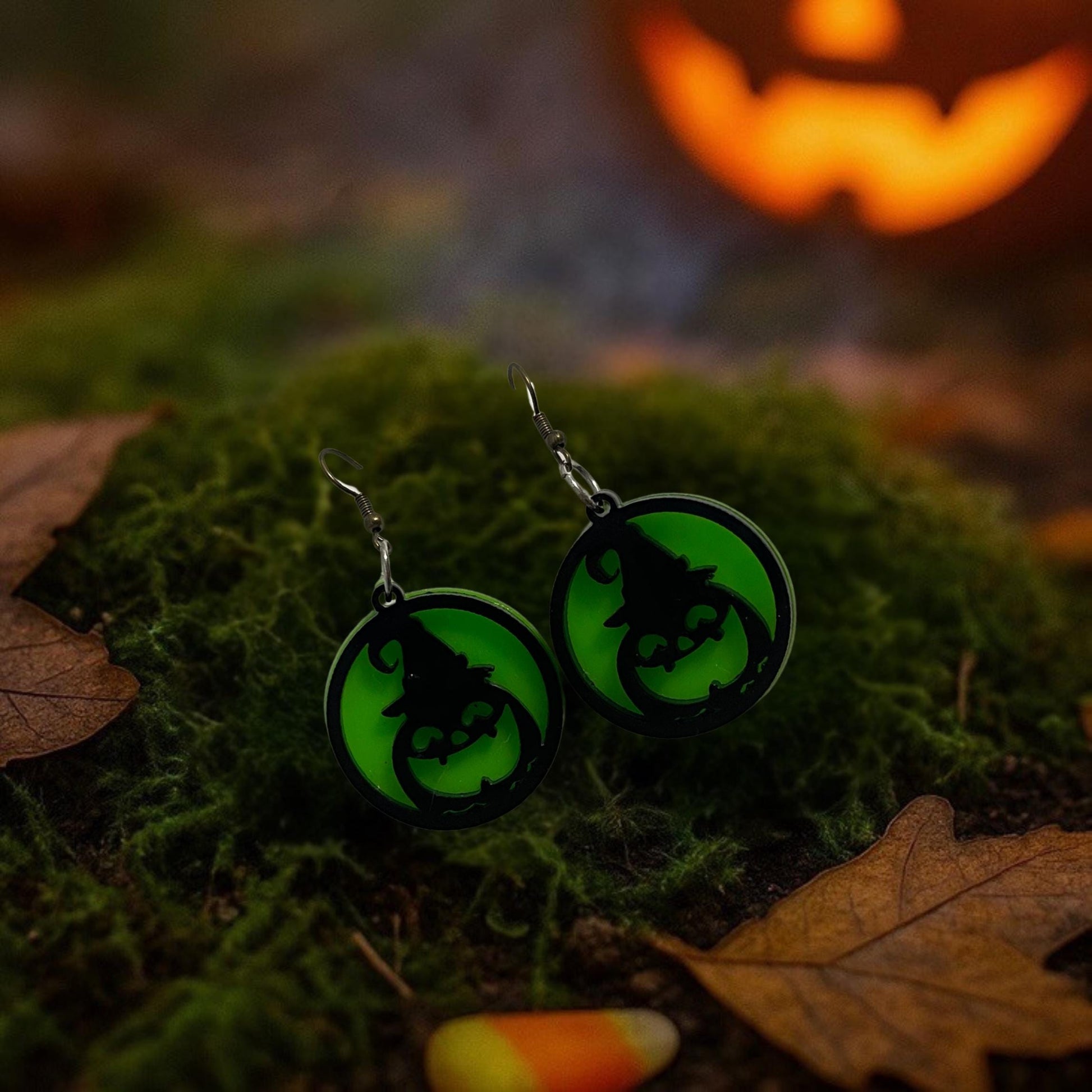Glow Green Pumpkin Witch Hat Earrings | Handmade Acrylic Halloween Jewelry