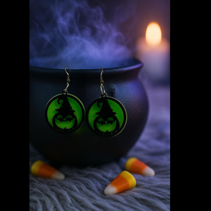 Glow Green Pumpkin Witch Hat Earrings | Handmade Acrylic Halloween Jewelry
