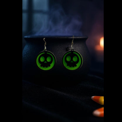 Glow Green Skull Halloween Earrings | Handmade Acrylic Gothic Jewelry