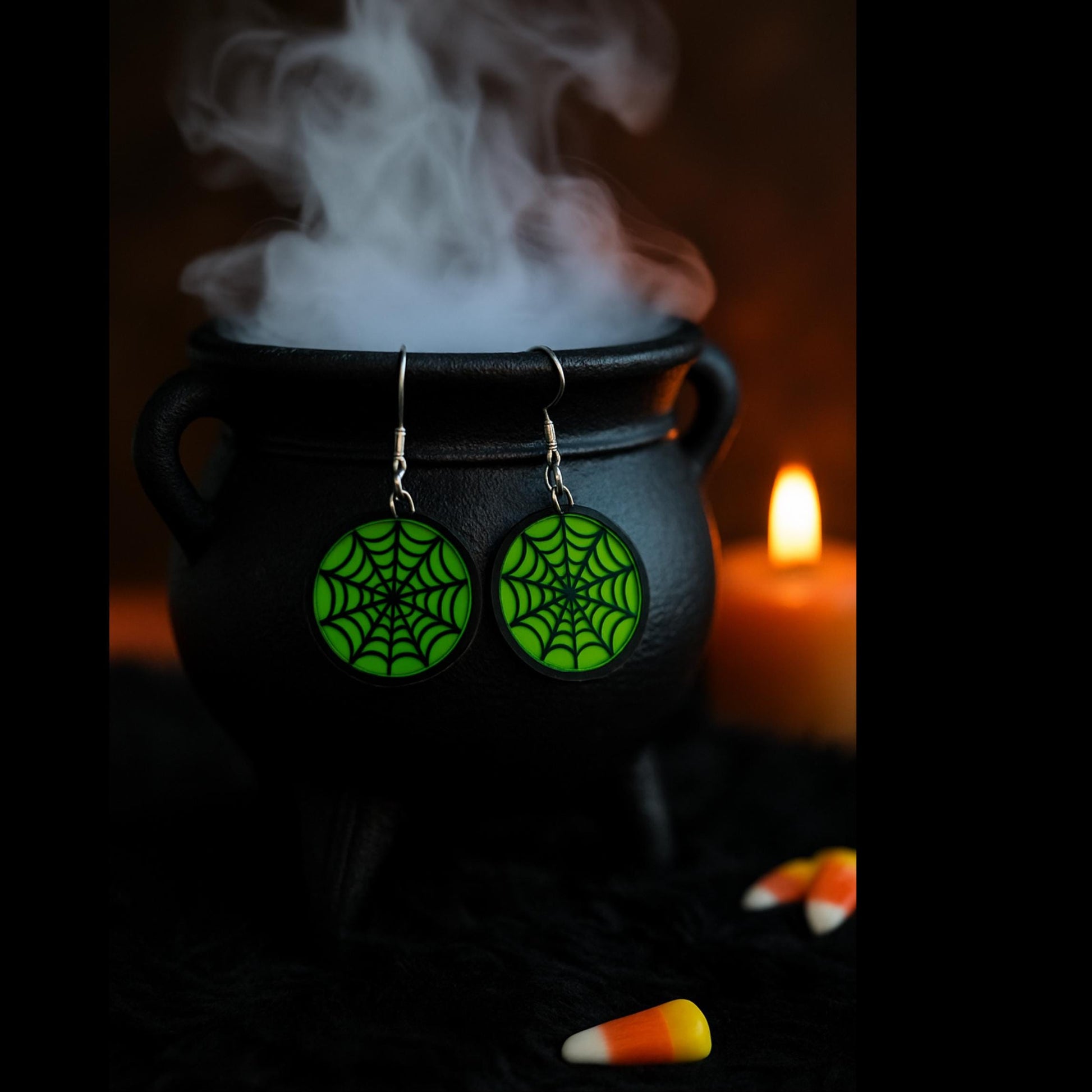 Glow Green Spider Web Earrings | Acrylic Halloween Jewelry