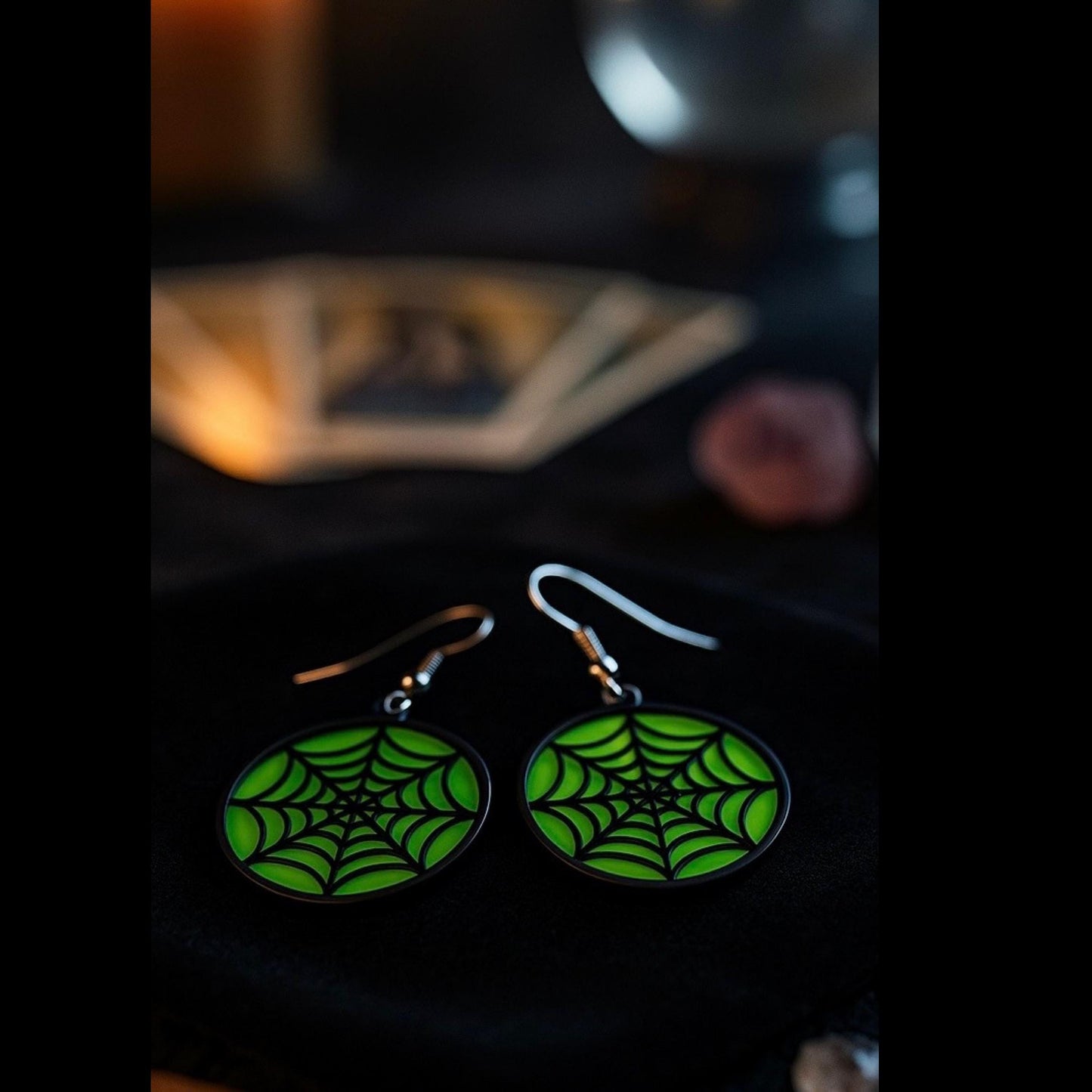 Glow Green Spider Web Earrings | Acrylic Halloween Jewelry