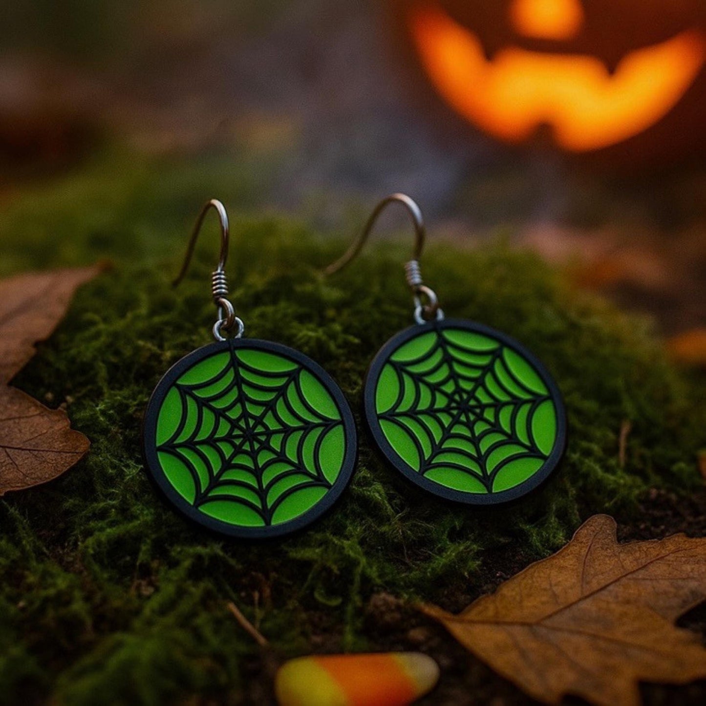 Glow Green Spider Web Earrings | Acrylic Halloween Jewelry