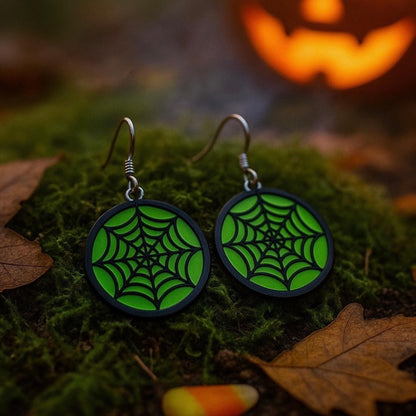 Glow Green Spider Web Earrings | Acrylic Halloween Jewelry