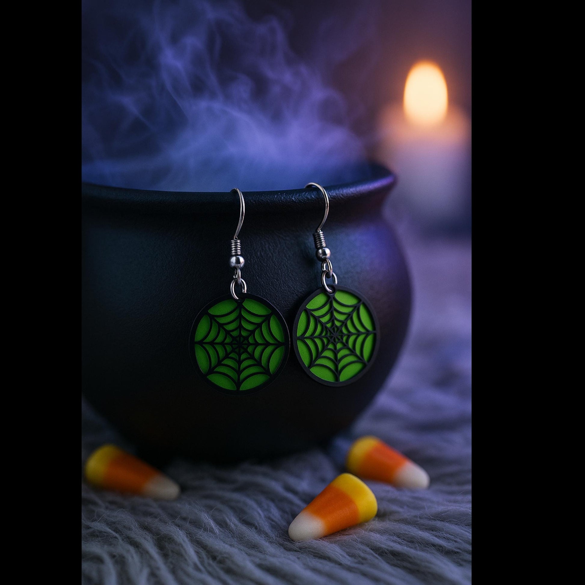 Glow Green Spider Web Earrings | Acrylic Halloween Jewelry