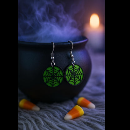 Glow Green Spider Web Earrings | Acrylic Halloween Jewelry