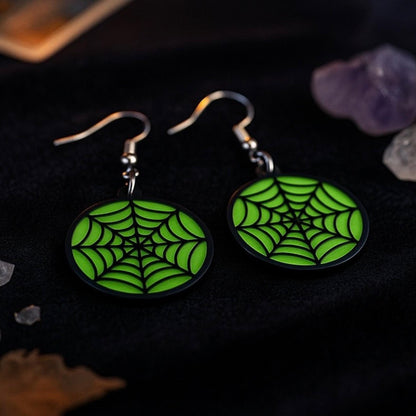 Glow Green Spider Web Earrings | Acrylic Halloween Jewelry