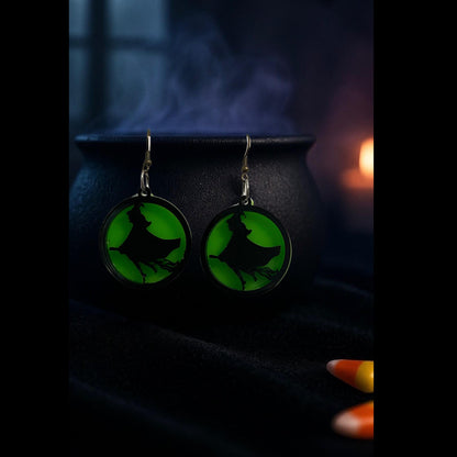 Green Acrylic Witch Earrings | Spooky Halloween Dangle Jewelry