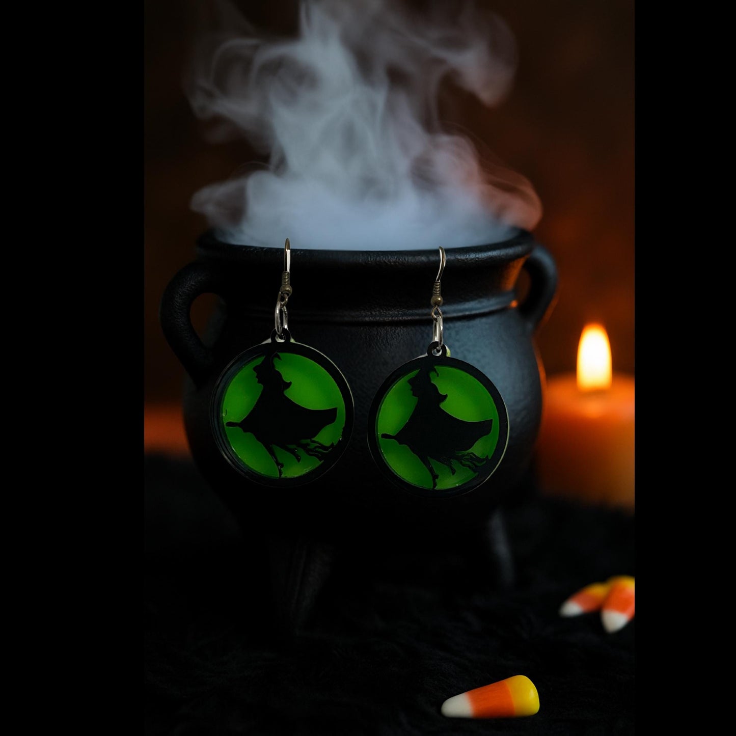 Green Acrylic Witch Earrings | Spooky Halloween Dangle Jewelry