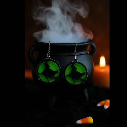 Green Acrylic Witch Earrings | Spooky Halloween Dangle Jewelry