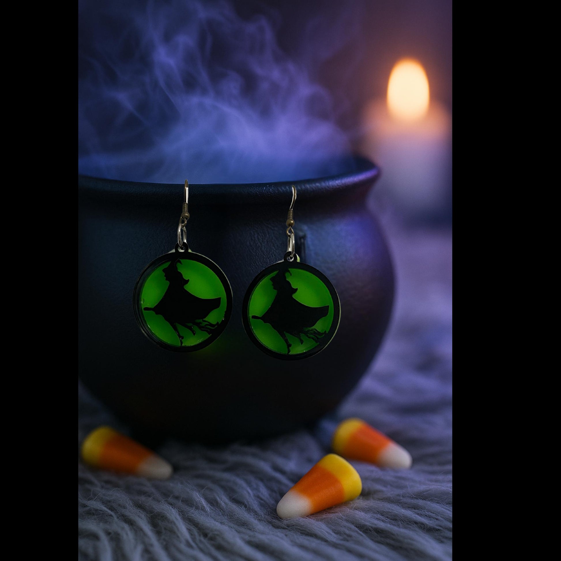 Green Acrylic Witch Earrings | Spooky Halloween Dangle Jewelry