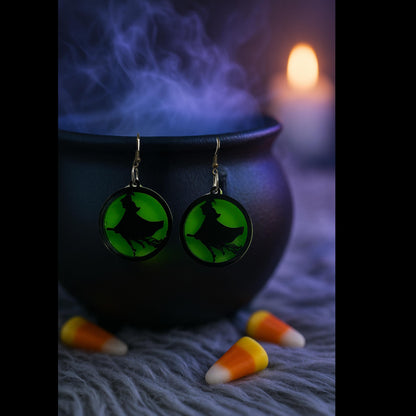 Green Acrylic Witch Earrings | Spooky Halloween Dangle Jewelry