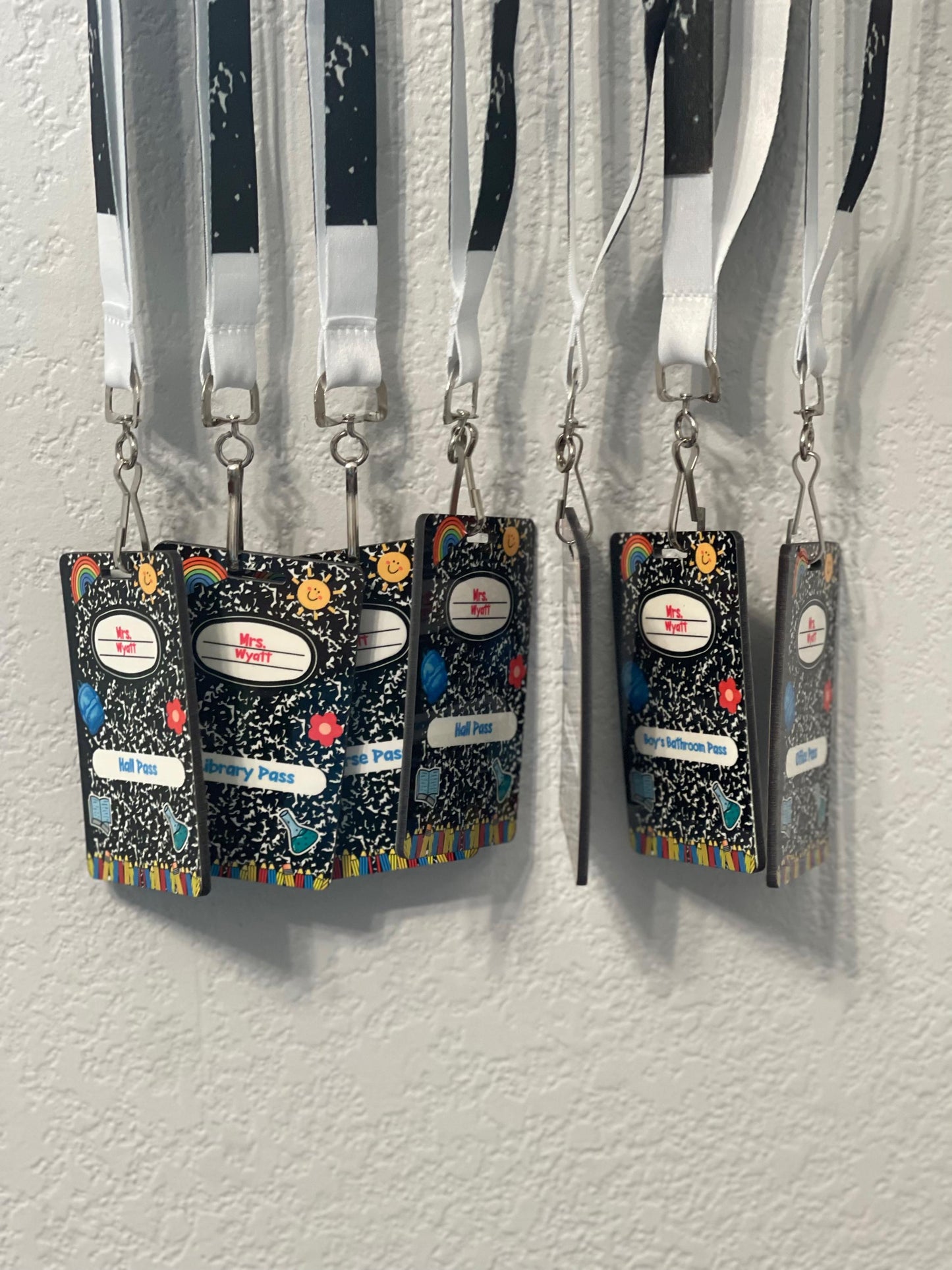 Personalized Teacher Hall Pass Set: Laser Engraved Acrylic Classroom Lanyard Passes