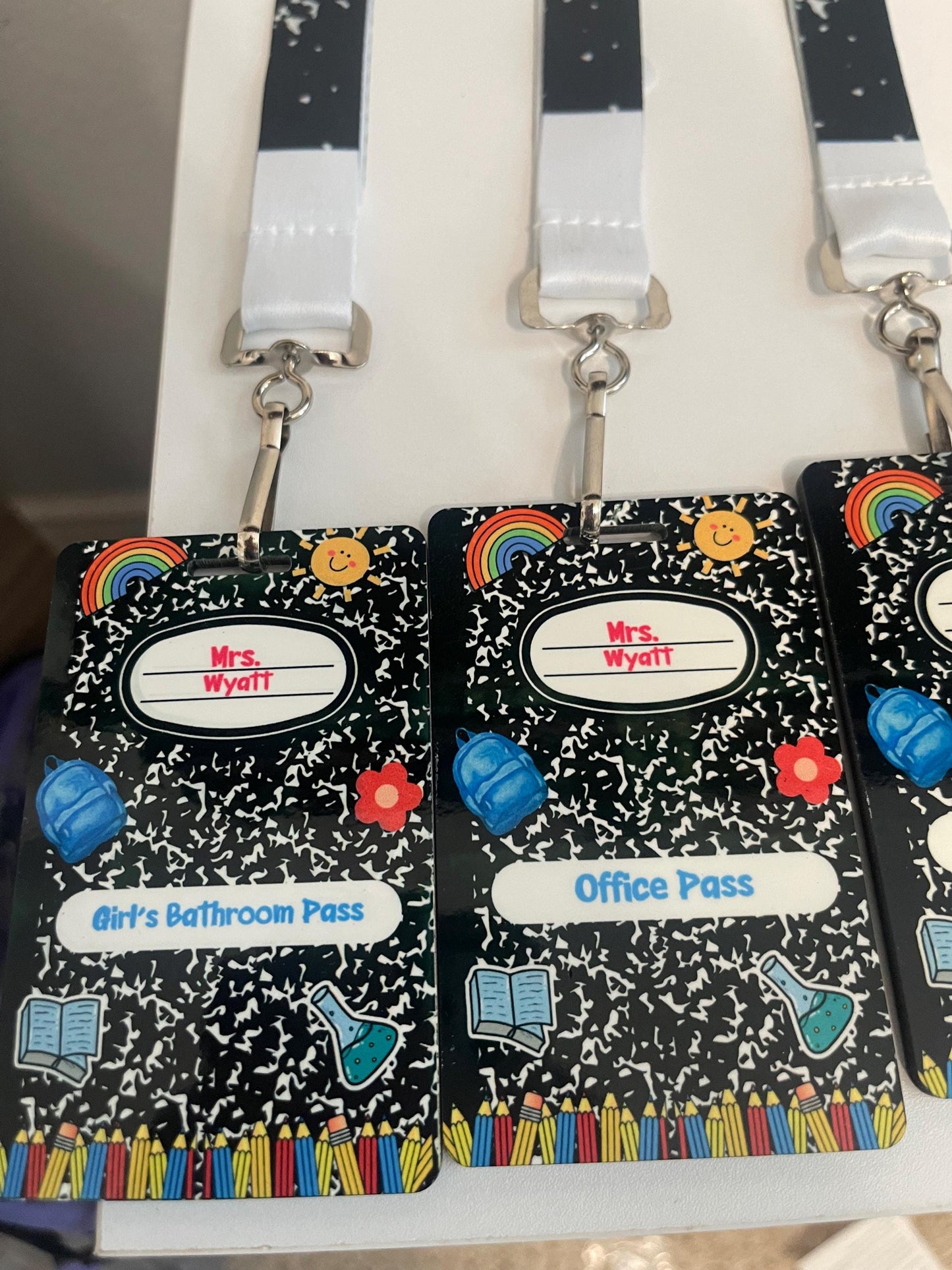 Personalized Teacher Hall Pass Set: Laser Engraved Acrylic Classroom Lanyard Passes