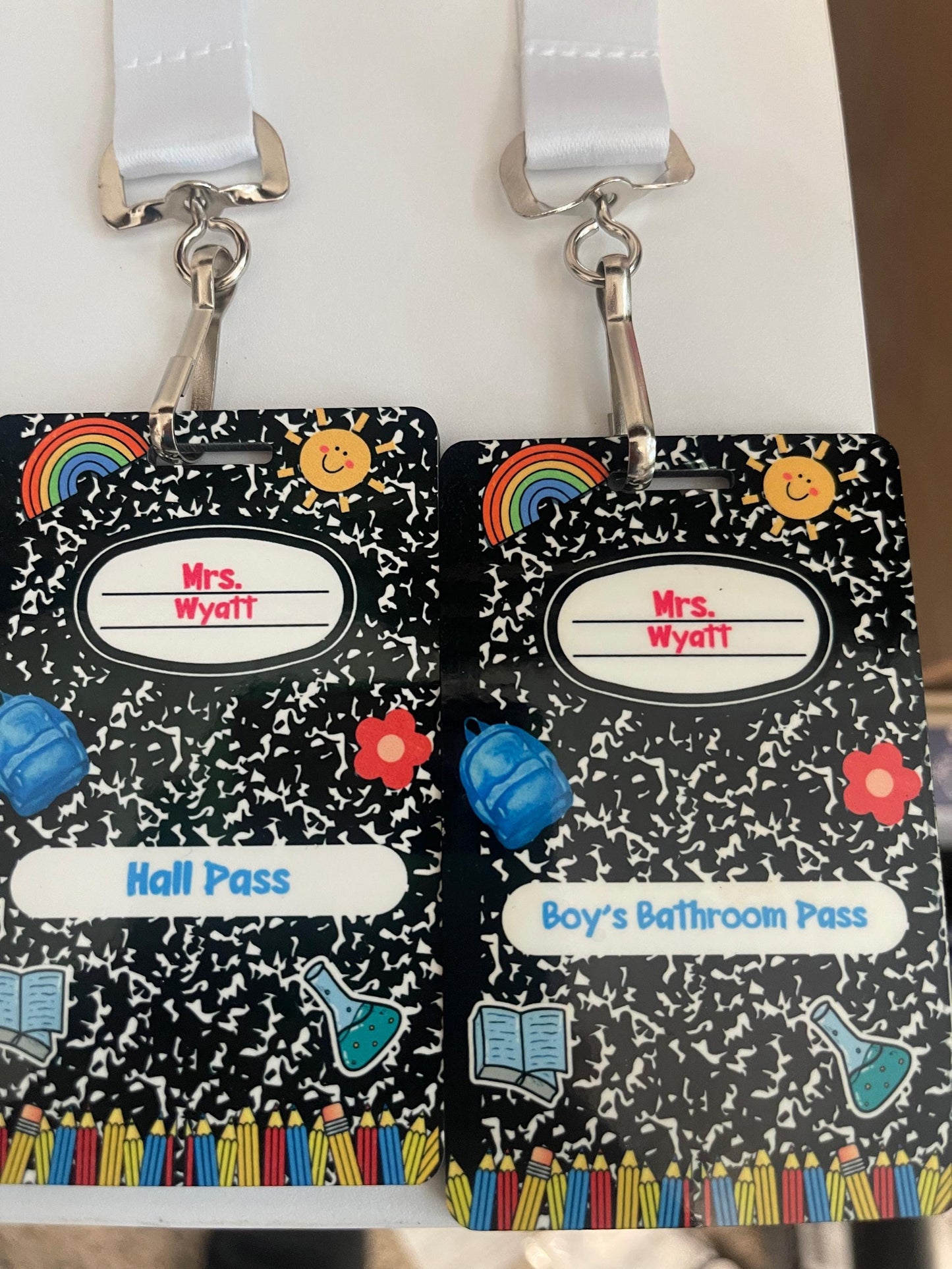 Personalized Teacher Hall Pass Set: Laser Engraved Acrylic Classroom Lanyard Passes