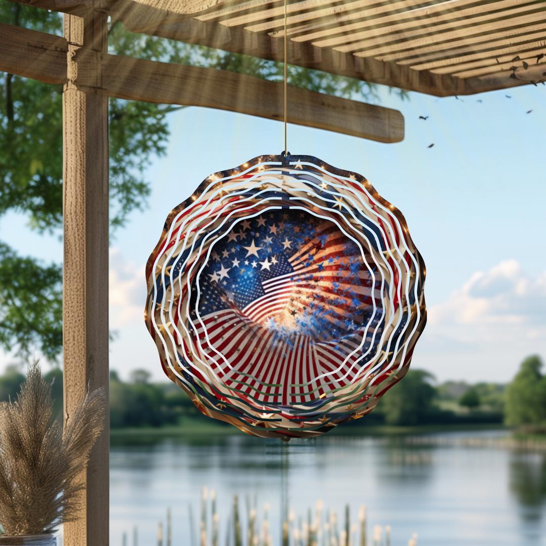 American Flag & Fireworks Wind Spinner – Patriotic Metal Outdoor Art
